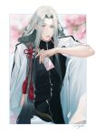  1boy black_hair black_shirt blue_eyes blurry blurry_background border cherry_blossoms closed_mouth commentary elbow_rest feather_hair feet_out_of_frame flower flower_knot food food_in_mouth gradient_hair grey_hair hair_ornament hair_over_shoulder himetsuru_ichimonji_(touken_ranbu) holding holding_food jacket jacket_on_shoulders knee_up long_hair looking_at_viewer low_ponytail male_focus multicolored_hair outside_border pants parted_bangs pink_flower pocky pocky_in_mouth shirt sidelocks signature sitting sleeves_rolled_up solo suda_ayaka symbol-only_commentary tassel tassel_hair_ornament touken_ranbu upper_body white_border white_hair white_jacket white_pants 