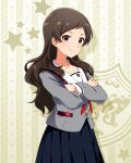  1girl black_hair black_skirt breasts buttons collar collarbone cowboy_shot crossed_arms dot_nose eyelashes grey_serafuku grey_shirt hair_over_shoulder idolmaster idolmaster_million_live! idolmaster_million_live!_theater_days junior_high_schoolmate_(idolmaster) kitazawa_shiho light_blush light_smile long_hair long_sleeves looking_at_viewer neck_ribbon official_alternate_costume official_art parted_bangs plaid_collar pleated_skirt red_ribbon ribbon school_uniform serafuku shirt sidelocks skirt small_breasts solo starry_background straight_hair wavy_hair white_collar yellow_eyes 