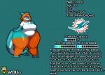 anthro belly bottomwear breasts character_name clothed clothing curvy_figure digital_media_(artwork) english_text female fin fish hair jewels_(wbu) logo long_tail marine miami_dolphins model_sheet nfl one_eye_obstructed orange_bottomwear orange_clothing orange_hair orange_pants pants pixel_(artwork) shark shirt simple_background solo sport t-shirt tail teal_body text thick_thighs topwear voluptuous voluptuous_anthro voluptuous_female wbu wide_hips