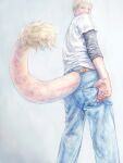  1boy blonde_hair boku_no_hero_academia denim highres jeans jirou2 looking_at_viewer looking_back male_focus ojiro_mashirao pants shirt simple_background solo standing tail thumb_in_pocket white_background white_shirt 