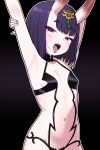  1girl absurdres armpits arms_behind_head arms_up bare_shoulders blush breasts chin_chin collarbone eyeliner fate/grand_order fate_(series) headpiece highres horns looking_at_viewer makeup navel oni open_mouth purple_eyes purple_hair revealing_clothes short_hair shuten_douji_(fate) skin-covered_horns small_breasts solo tongue tongue_out 