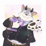 anthro belphegor_(tas) belt blush book clothing demon eyebrows fatkylefat fur grey_body grey_fur hi_res horn lifewonders male necktie one_eye_closed overweight pawpads smile solo spellbook suit thick_eyebrows tokyo_afterschool_summoners topwear vest wink