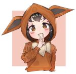  :3 bangs blush_stickers brown_eyes brown_hair closed_mouth cosplay cropped_torso eevee eevee_(cosplay) eevee_ears hood hood_up kigurumi looking_at_viewer outside_border poke_kid_(pokemon) pokemon pokemon_(game) pokemon_swsh sameya_(ara7569) short_hair upper_body v v_over_mouth 