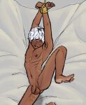  1boy armpits ass barefoot bdsm blush bondage bound bound_wrists crying dark-skinned_male dark_skin dreamscreep feet flaccid foreskin highres male_focus mammon_(obey_me!) nipple_piercing nipples obey_me!:_one_master_to_rule_them_all! pee peeing peeing_self piercing rope self-upload solo spread_legs testicles white_hair 