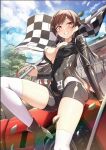  1girl blue_sky boots breasts brown_eyes brown_hair car checkered_flag cluseller day falling_leaves flag grin high_heel_boots high_heels holding holding_flag kanojo_okarishimasu large_breasts leaf long_hair mizuhara_chizuru motor_vehicle outdoors race_queen sitting_on_car sky smile solo sports_car thighhighs white_thighhighs 