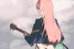  1girl artist_request bang_dream! bang_dream!_it&#039;s_mygo!!!!! blue_jacket chihaya_anon chinese_commentary closed_mouth commentary_request commission earrings from_behind grey_background grey_eyes guitar holding holding_guitar holding_instrument instrument jacket jewelry long_hair pink_hair playing_guitar second-party_source smile solo upper_body 