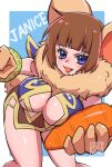  1girl animal_ears bangle blue_background blue_eyes blue_shirt blunt_bangs border bracelet breasts brown_fur brown_hair brown_skirt carrot character_name chrono_cross cleavage cowboy_shot feet_out_of_frame fur_scarf furrowed_brow gold_trim highres holding holding_carrot janice_(chrono_cross) jewelry knees_together_feet_apart large_breasts looking_at_viewer open_mouth pelvic_curtain rabbit_ears rabbit_girl rabbit_tail shikiwo shirt short_hair signature skirt smile solo tail white_border 