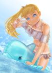  1girl bikini blonde_hair blue_eyes blue_sky cloud commentary_request flat_chest grey_bikini highres inflatable_toy long_hair looking_at_viewer navel original outdoors plaid plaid_bikini side_ponytail sky smile solo sunlight swimsuit tan tanlines uzuki_mei v wading water 