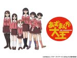  6+girls :d arm_at_side arms_at_sides artist_name azuma_kiyohiko azumanga_daioh black_eyes black_hair black_socks black_thighhighs bob_cut breasts brown_eyes brown_footwear brown_hair closed_mouth commentary copyright_name copyright_notice everyone expressionless full_body grin hair_between_eyes hand_on_another&#039;s_arm height_difference highres kagura_(azumanga_daioh) kasuga_ayumu kneehighs large_breasts loafers long_hair long_sleeves looking_ahead looking_at_viewer looking_down looking_to_the_side medium_breasts medium_hair mihama_chiyo mizuhara_koyomi multiple_girls neck_ribbon official_art open_mouth parted_lips pink_ribbon pink_serafuku pink_shirt pink_socks pleated_skirt promotional_art purple_socks red_footwear red_hair red_skirt ribbon sailor_collar sakaki_(azumanga_daioh) school_uniform serafuku shirt shoes short_hair short_twintails side-by-side simple_background skirt small_breasts smile sneakers socks standing takino_tomo thighhighs translated twintails v_arms very_long_hair white_background white_sailor_collar white_socks winter_uniform worried zettai_ryouiki 