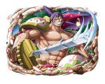  1boy abs armor burn_scar charlotte_cracker collarbone english_text gloves holding holding_sword holding_weapon looking_at_viewer male_focus muscular muscular_male nipples official_art one_piece one_piece_treasure_cruise pauldrons pectorals purple_hair scar shoulder_armor single_pauldron smirk solo sword topless_male weapon 