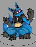 2023 abs anthro athletic blue_body blue_fur breasts claws crouching elchuydra female finger_claws fur generation_4_pokemon grey_background hi_res hina_(elchuydra) looking_at_viewer lucario midriff multicolored_body multicolored_fur muscular muscular_anthro muscular_female muscular_thighs nintendo not_furry paws pokemon pokemon_(species) purple_eyes simple_background small_breasts solo two_tone_body two_tone_fur 
