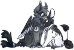  2017 2_tails alpha_channel ambiguous_gender black_body black_fur canid canine demon digital_drawing_(artwork) digital_media_(artwork) digitigrade duo feathered_wings feathers feral fur grey_body grey_feathers grey_fur grey_necktie grey_nose head_tuft jaspering mammal multi_tail necktie nuzzling one_eye_closed paws shaded simple_background sitting smiling_at_another snout tail teal_eyes transparent_background tuft white_body white_fur wings wink winking_at_another 