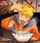  2boys blonde_hair blue_eyes bowl brown_shirt chopsticks eating facial_mark food forehead_protector hand_on_another&#039;s_head highres holding holding_chopsticks jacket male_focus multiple_boys naruto naruto_(series) noodles open_mouth orange_jacket out_of_frame pnpk_1013 ramen shirt short_hair sitting solo_focus teeth unworn_headwear uzumaki_naruto whisker_markings 