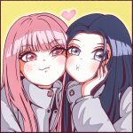  2girls black_border blue_eyes blue_hair border cheek-to-cheek hand_on_own_cheek hand_on_own_face heads_together heart highres k-pop kep1er kim_chae-hyun long_hair looking_at_viewer multiple_girls pink_eyes pink_hair portrait puckered_lips real_life shen_xiaoting smile vndafa yellow_background 