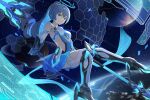 1girl blue_dress boots breasts bronya_zaychik bronya_zaychik_(herrscher_of_truth) dress drill_hair earth_(planet) full_body glowing grey_eyes grey_hair halo hashtag-only_commentary high_heel_boots high_heels highres holding holding_polearm holding_weapon holographic_interface honkai_(series) honkai_impact_3rd kuma_(kumasan_82) long_hair looking_at_viewer medium_breasts planet polearm solo space star_(sky) thigh_boots very_long_hair weapon 