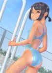  1girl black_hair blue_one-piece_swimsuit blue_sky commentary_request competition_swimsuit highleg highleg_swimsuit highres looking_at_viewer one-piece_swimsuit orange_eyes original outdoors pool short_hair short_ponytail sky smile solo swimsuit tan tanlines uzuki_mei 