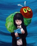  1girl animal animal_on_shoulder black_hair black_jacket blue_background book caterpillar closed_eyes closed_mouth crossed_arms faux_traditional_media green_pupils holding holding_book jacket long_hair long_sleeves plusma shirt the_very_hungry_caterpillar white_shirt 