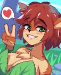  5_fingers activision anthro big_breasts blush bracelet breasts brown_hair bust_portrait chest_tuft clothed clothing colored digital_media_(artwork) dress ears_up elora faun_(spyro) female fingers fur genvoke gesture grass green_eyes hair hand_gesture heart_symbol jewelry leaf_clothing looking_at_viewer mammal multicolored_body open_mouth orange_body outside pixel_(artwork) pixelated plant portrait short_hair simple_background sky smile solo speech_bubble spyro_reignited_trilogy spyro_the_dragon tan_body teeth toys_for_bob tuft two_tone_body v_sign 