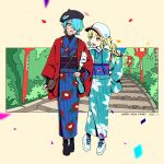  2girls :d akroglam aorta_(akroglam) arm_grab baseball_cap beret black_footwear black_hat blonde_hair blue_eyes blue_hair blue_kimono braid brown_bag commentary_request dated eno_(akroglam) floral_print floral_print_kimono full_body hair_over_one_eye happy_new_year hat highres japanese_clothes kimono long_hair looking_at_another multiple_girls new_year official_art open_mouth outdoors second-party_source shoes short_hair single_braid smile stairs standing white_footwear 
