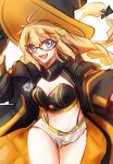  1girl aesc_(fate) aesc_(rain_witch)_(fate) artist_request blonde_hair blue_eyes blush fate/grand_order fate_(series) glasses hat highres long_hair looking_at_viewer robe round_eyewear smile thighs white_background white_robe witch_hat 