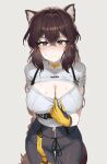  1girl absurdres animal_ears blush breasts brown_hair cleavage closed_mouth cowboy_shot girls&#039;_frontline_neural_cloud gloves highres large_breasts long_hair pants solo sweat tail turing_(neural_cloud) 