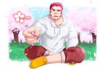  1boy akashi_(live_a_hero) bara border cherry_blossoms crossed_legs facial_hair fading_border foreshortening fujishima_kazuya full_body goatee highres incoming_drink large_pectorals light_blush live_a_hero long_sideburns looking_at_viewer male_focus muscular muscular_male pectorals red_eyes red_hair sanpaku scar scar_on_face scar_on_nose short_hair sideburns solo thick_eyebrows 