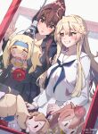  2girls abyssal_ship artist_name black_skirt blonde_hair blue_neckerchief blush breasts brown_eyes brown_hair character_doll crane_game dated enemy_lifebuoy_(kancolle) gambier_bay_(kancolle) grey_eyes grin hair_between_eyes highres himeyamato intrepid_(kancolle) iowa_(kancolle) kantai_collection large_breasts long_hair long_sleeves multiple_girls neckerchief open_mouth pleated_skirt ponytail saratoga_(kancolle) signature skirt smile star-shaped_pupils star_(symbol) symbol-shaped_pupils white_skirt yamato_(kancolle) 