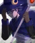  1boy blue_cloak blue_hair brown_gloves cloak cororo_booth crescent crescent_hat_ornament dokapon_kingdom dust glasses gloves hat hat_ornament long_sleeves looking_at_viewer magician_(dokapon) male_focus short_hair smile solo upper_body white_background wizard_hat 