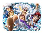 3boys abs black_eyes black_hair cape chest_tattoo closed_mouth cloud cloud_hair curly_eyebrows earrings english_commentary eustass_kid facial_hair fur_cape fur_hat gear_fifth goatee goggles goggles_on_head grin hat jewelry looking_at_viewer male_focus monkey_d._luffy multiple_boys official_art one_piece one_piece_treasure_cruise open_clothes pirate prosthesis prosthetic_arm red_eyes red_hair red_nails sandals scar scar_on_chest scar_on_face shirt short_hair smile straw_hat tattoo trafalgar_law white_hair yellow_shirt 