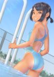  1girl black_hair blue_one-piece_swimsuit blue_sky commentary_request competition_swimsuit highleg highleg_swimsuit highres looking_at_viewer one-piece_swimsuit orange_eyes original outdoors pool short_hair short_ponytail sky smile solo swimsuit tan tanlines uzuki_mei wading water 