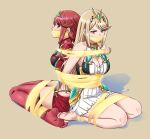  2girls barefoot bdsm blonde_hair bondage bound bound_together dress gag gagged highres lost_one_zero multiple_girls mythra_(xenoblade) pyra_(xenoblade) red_eyes red_hair red_thighhighs restrained soles swept_bangs thighhighs tiara white_dress xenoblade_chronicles_(series) xenoblade_chronicles_2 yellow_eyes 