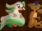  2017 abyssinian_cat anthro avian beak beauty_mark beverage bird black_hair blush brown_body brown_fur capper_dapperpaws captain_celaeno_(mlp) covering covering_self digital_media_(artwork) domestic_cat duo embarrassed embarrassed_nude_anthro eyelashes feathers felid feline felis female friendship_is_magic fur green_feather_hair green_hair green_sclera green_tail hair hasbro hi_res holding_beverage holding_object holding_own_tail justsomepainter11 looking_at_another mammal my_little_pony my_little_pony:_the_movie_(2017) nude on_model parrot pegleg pink_eyes prosthetic prosthetic_leg prosthetic_limb pseudo_hair tan_body tan_fur tongue tongue_out 