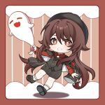  1girl black_footwear black_hat black_skirt black_vest blush boo_tao_(genshin_impact) brown_hair chibi clenched_teeth commentary_request genshin_impact hat highres holding hu_tao_(genshin_impact) long_hair long_sleeves looking_at_viewer mazhi_jik miniskirt pencil_skirt red_eyes red_shirt shadow shirt shoes skirt socks solo teeth twintails very_long_hair vest white_socks 