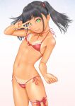  1girl bikini black_hair bridal_garter commentary_request flat_chest green_eyes highres looking_at_viewer navel open_mouth original red_bikini side-tie_bikini_bottom smile solo swimsuit tan tanlines twintails uzuki_mei v 