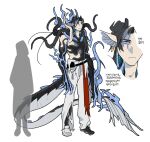  1boy 1other animal_hands arknights black_hair blue_eyes blue_hair blue_horns blue_sclera chong_yue_(arknights) closed_mouth colored_sclera commentary_request doctor_(arknights) dragon_boy dragon_horns dragon_tail earrings fins floating_hair full_body head_fins highres horns jewelry jjeobjjeobdogta_(wjqwjqehrxk) korean_commentary korean_text long_hair long_tail looking_at_viewer low_ponytail male_focus monster_boy monsterification multicolored_hair multiple_views pants red_eyes scales shoes silhouette simple_background single_shoe streaked_hair tail topless_male torn_clothes torn_pants translation_request webbed_hands white_background 