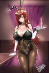  1girl absurdres animal_ears artist_name breasts bunny_girl_suit cleavage cutoffs erza_scarlet fairy_tail fairy_tail:_dragon_cry highres large_breasts long_hair madsdross rabbit_ears red_hair skin_tight solo thick_thighs thighs wide_hips 