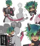  2girls alter_(apex_legends) apex_legends arrow_(symbol) bald bald_girl black_sclera bodysuit breasts chibi chibi_inset collarbone colored_sclera faceless faceless_female green_hair grey_bodysuit highres holding holding_knife knife looking_to_the_side mechanical_tail medium_breasts multiple_girls multiple_views open_mouth red_lips ritomidi short_hair tail translation_request v-shaped_eyebrows white_eyes 