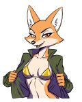  anthro bikini black_nose breasts canid canine clothed clothing eyelashes f4ephantomii female flat_chested fluffy fluffy_tail fox fur gachimuchi gold_bikini inner_ear_fluff jacket looking_at_viewer makeup mammal markings mouth_closed multicolored_body open_clothing open_jacket open_topwear orange_body orange_fur partially_clothed pose small_breasts smile smiling_at_viewer solo swimwear tail topwear tuft two_tone_body white_body white_fur 