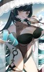  1girl breasts cleavage cleavage_cutout clothing_cutout dragon_girl dragon_horns draph glass gradient_hair granblue_fantasy green_hair highres horns large_breasts long_hair multicolored_hair navel_cutout one-piece_swimsuit parasol payila_(granblue_fantasy) solo swimsuit thigh_strap tuanshan two-tone_eyes umbrella umeda_shiso 