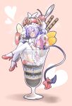  1girl absurdres blush bow cup demon_tail dress food heart high_heels highres hood horns in_container in_cup in_food last_period looking_at_viewer minigirl open_mouth pekenpon pink_background purple_eyes purple_hair red_bow shoes solo tail tail_bow tail_ornament thighhighs wings 