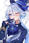  1girl absurdres ahoge ascot blue_ascot blue_brooch blue_coat blue_eyes blue_gloves blue_hair blue_hat blush coat falling_petals furina_(genshin_impact) furrowed_brow genshin_impact gloves hair_intakes hand_up hat highres hinagikumonnme long_hair long_sleeves one_eye_closed open_mouth petals simple_background smile solo swept_bangs top_hat upper_body wavy_hair white_background 