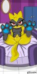  anthro bedroom_eyes breasts closet elchuydra featureless_breasts featureless_crotch female fur generation_4_pokemon hi_res legs_up looking_at_viewer multicolored_body multicolored_fur narrowed_eyes navel nintendo pawpads pet_bed pokemon pokemon_(species) red_eyes riolu seductive shiny_pokemon solo tongue tongue_out two_tone_body two_tone_fur yellow_body yellow_fur 