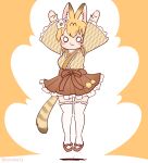  1girl animal_ears arms_up blonde_hair cat_ears cat_girl cat_tail coroha extra_ears full_body hair_ornament japanese_clothes japari_symbol jumping kemono_friends kimono looking_at_viewer orange_background sandals serval_(kemono_friends) short_hair simple_background solo tail thighhighs zouri 
