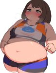  ... 1girl alternate_body_size belly_grab breasts brown_eyes brown_hair closed_mouth cosplay cropped_legs dot_nose fat gloria_(pokemon) highres medium_breasts medium_hair nessa_(pokemon) nessa_(pokemon)_(cosplay) nimo_(b45ui) obese pokemon pokemon_swsh puff_of_air shadow shorts simple_background sleeveless solo sweat thick_arms thick_thighs thighs white_background 