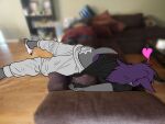  &lt;3 4:3 absurd_res ambiguous_gender anthro bodily_fluids bottomwear butt chimera claws clothing cum cum_on_butt genital_fluids grey_body hair hi_res hooves lying meme on_front pants purple_hair shirt slippers solo thorny_gremlin topwear vita 