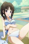 bikini breasts chitanda_eru highres hiroki_(yyqw7151) hyouka looking_at_viewer medium_breasts navel non-web_source ponytail pool poolside sweat swimsuit 