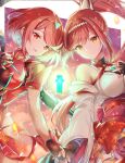  bare_shoulders breasts chest_jewel cleavage core_crystal_(xenoblade) earrings glimmer_(xenoblade) gloves high_ponytail highres holding_hands japanese_clothes jewelry kimono long_hair mother_and_daughter ponytail pyra_(xenoblade) red_eyes red_hair short_hair swept_bangs tiara ui_frara xenoblade_chronicles_(series) xenoblade_chronicles_2 xenoblade_chronicles_3 xenoblade_chronicles_3:_future_redeemed 