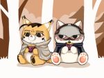  2boys :o animal_hands animalization black_eyes blank_stare cat cheek_bulge chibi facial_hair food goatee golden_kamuy hair_strand happy holding holding_food kemonomimi_mode looking_at_another male_focus multiple_boys mustache ogata_hyakunosuke ri_(ri_kaos21) scar scar_on_cheek scar_on_face short_hair staring stitches stubble sweet_potato tsurumi_tokushirou 