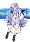  1girl breasts cellphone fate/grand_order fate_(series) forked_eyebrows full_body grin hoodier jacket long_hair long_sleeves looking_at_viewer melusine_(fate) phone sidelocks small_breasts smile solo white_hair yellow_eyes 