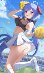  1girl absurdres alternate_costume armband armpit_crease ass bell blue_hair blue_sky breasts cheerleader crop_top foot_out_of_frame ganyu_(genshin_impact) genshin_impact goat_horns highres horns kuuhaku_(wutt5584) large_breasts long_hair looking_at_viewer looking_back miniskirt neck_bell open_mouth outdoors panties pom_pom_(cheerleading) purple_eyes shoe_soles shoes sidelocks skirt sky socks solo stadium sweatdrop underwear white_armband white_footwear white_panties white_skirt white_socks yellow_pom_poms 